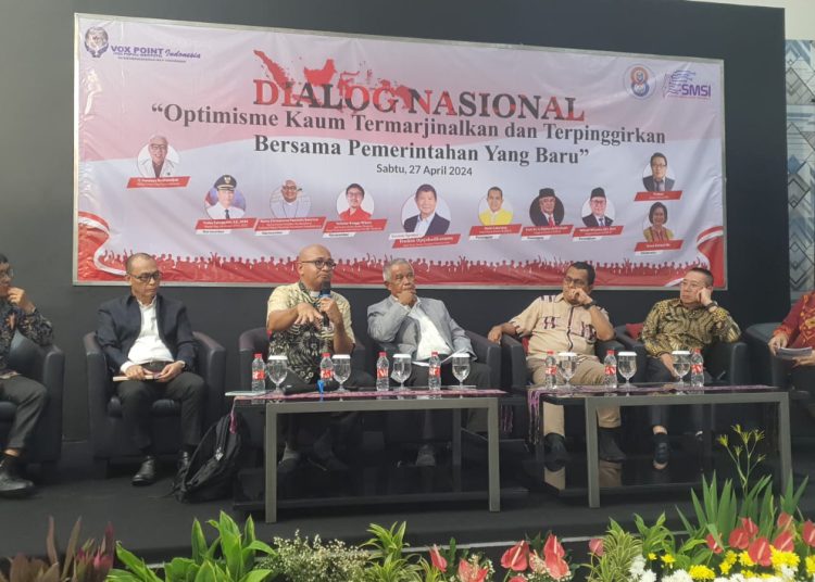 Dialog Nasional bertema 'Optimisme Masyarakat Termarginalkan dan Terpinggirkan bersama Pemerintah Baru' yang digelar Vox Point Indonesia bersama SMSI Pusat di Aula Dewan Pers, Jakarta, Sabtu (27/4/2024).. (ist)